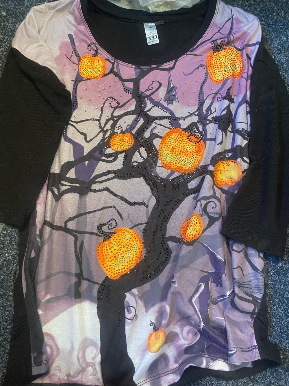 t/o Purple and Black Long Sleeve Halloween Pumpkin Tee with Orange Accents
